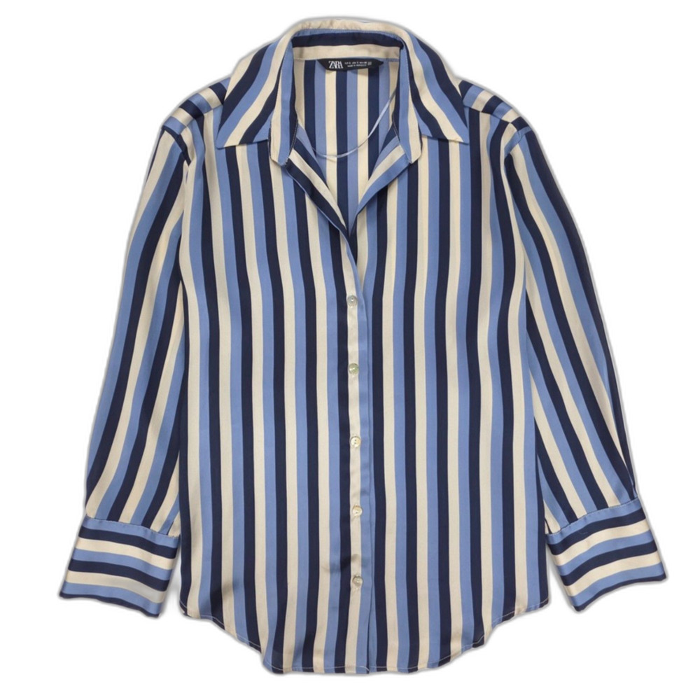 ZARA Oversized Striped Shirt Button Down French Girl Old Money Resort Navy Satin